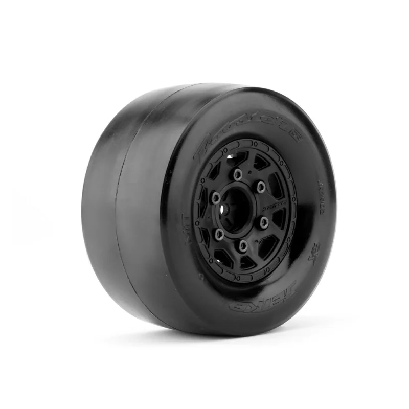 1/10 DR Booster RR Narrow RearTires, Ultra Soft, Belted, Mounted on Black Claw Rims, 0 Offset
