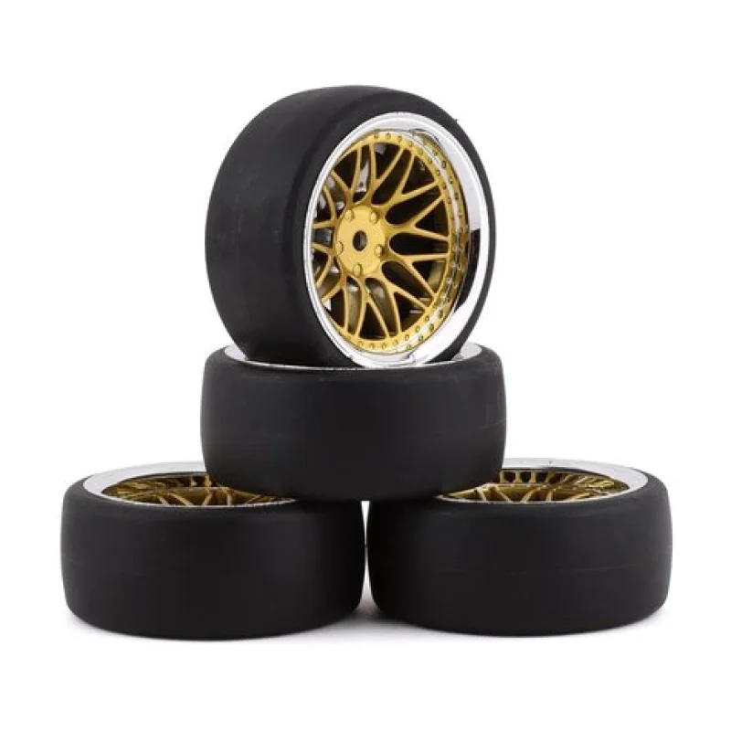 Yeah Racing YEAWL0099  Spec D Pre-Mounted Drift Tires w/LS Mesh Wheels (Chrome/Gold) (4) w/12mm Hex & 6mm Offset